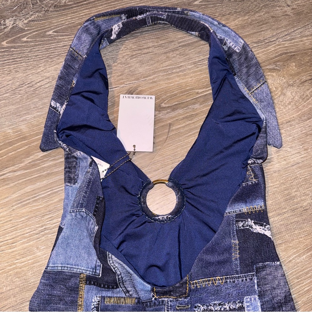 WeWoreWhat collar racerback denim patchwork one piece swimsuit blue XS NWT - Picture 10 of 15